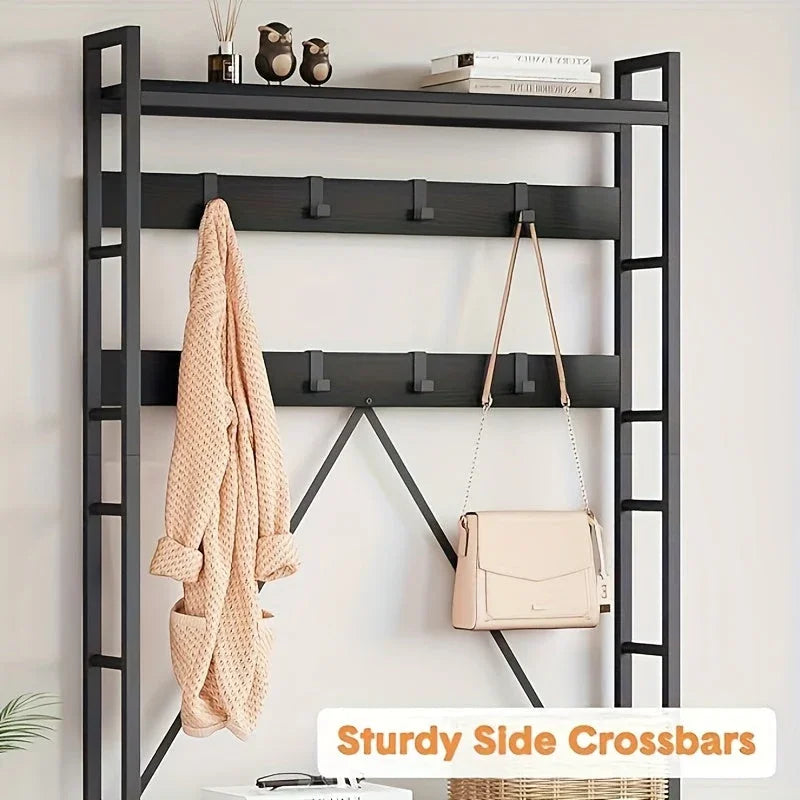 Heavy-Duty Hall Tree with Bench - 5-in-1 Entryway Organizer with Shoe Storage, Coat Rack, Bench - Freestanding Shoe Rack with 8 Hooks & 3 Cubbies, Space-Saving Design for Hallway, Living Room, Apartment - Sturdy Wooden & Meta House Of Avana