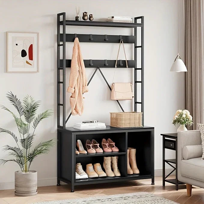 Heavy-Duty Hall Tree with Bench - 5-in-1 Entryway Organizer with Shoe Storage, Coat Rack, Bench - Freestanding Shoe Rack with 8 Hooks & 3 Cubbies, Space-Saving Design for Hallway, Living Room, Apartment - Sturdy Wooden & Meta House Of Avana