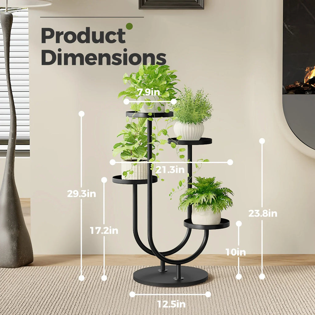 Black heavy-duty metal 4-tier indoor plant stand with vertical space-saving design and dimensions.