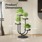 Black heavy-duty metal 4-tier indoor plant stand with vertical space-saving design and dimensions.