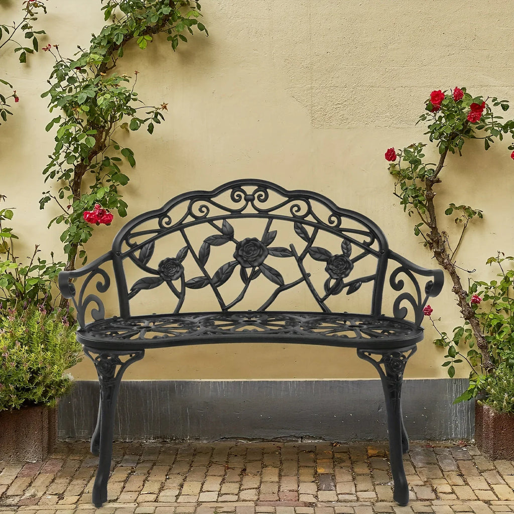 Outdoor Patio Bench - Heavy-Duty Cast Aluminum & Iron Construction, Elegant Floral design with Curved Legs - All-Weather Garden, Porch, or Entryway Furniture - Easy Assembly (No Tools Needed) - Black Bench for Modern/Traditio House Of Avana