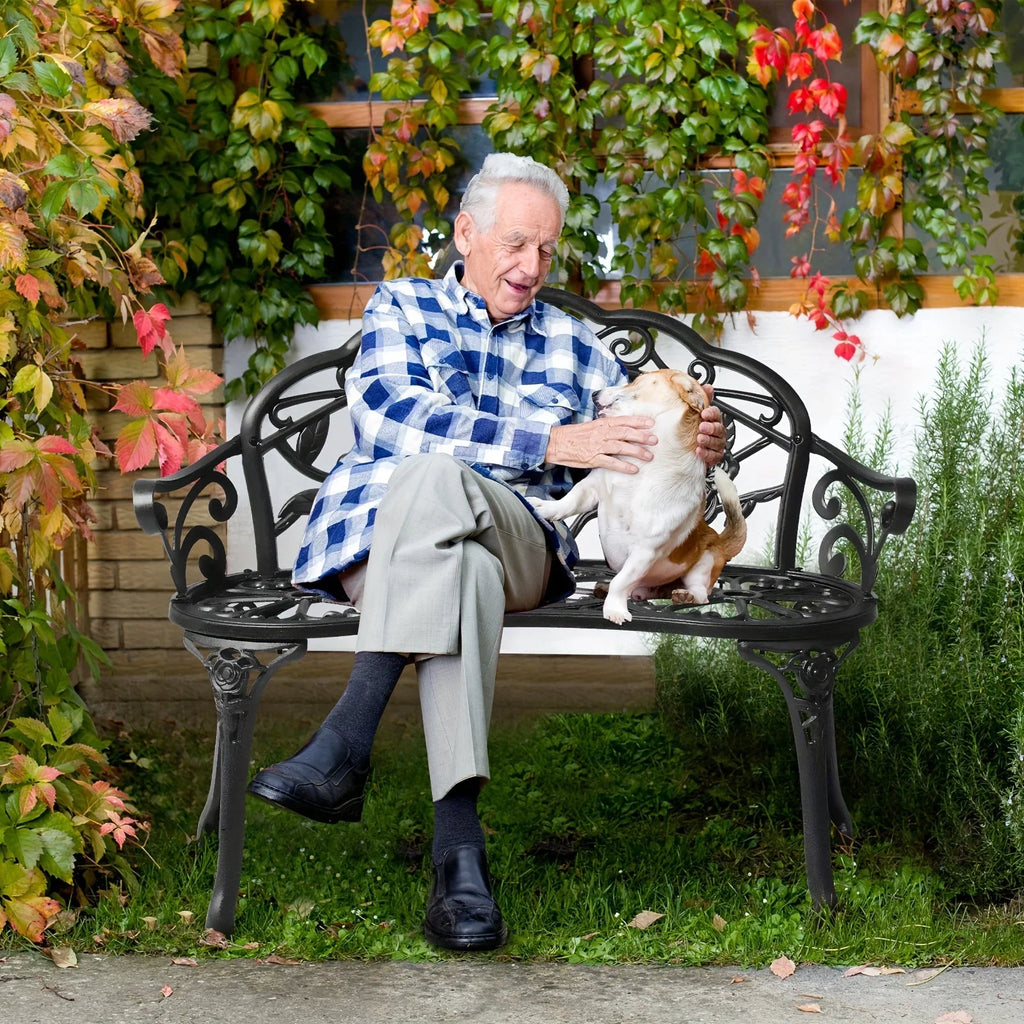 Outdoor Patio Bench - Heavy-Duty Cast Aluminum & Iron Construction, Elegant Floral design with Curved Legs - All-Weather Garden, Porch, or Entryway Furniture - Easy Assembly (No Tools Needed) - Black Bench for Modern/Traditio House Of Avana