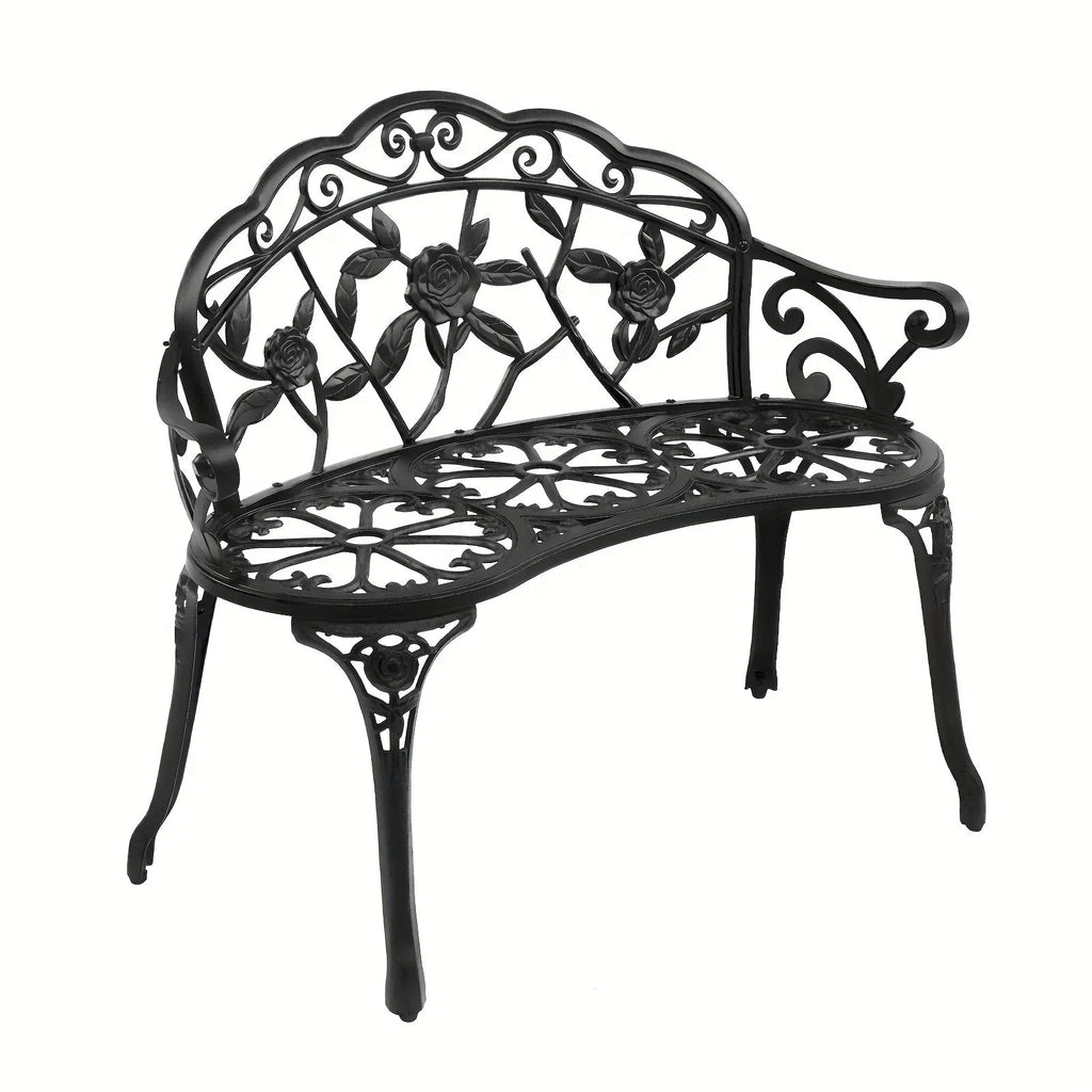 Outdoor Patio Bench - Heavy-Duty Cast Aluminum & Iron Construction, Elegant Floral design with Curved Legs - All-Weather Garden, Porch, or Entryway Furniture - Easy Assembly (No Tools Needed) - Black Bench for Modern/Traditio House Of Avana