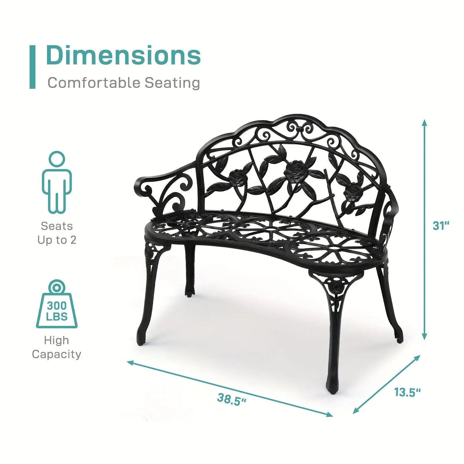 Outdoor Patio Bench - Heavy-Duty Cast Aluminum & Iron Construction, Elegant Floral design with Curved Legs - All-Weather Garden, Porch, or Entryway Furniture - Easy Assembly (No Tools Needed) - Black Bench for Modern/Traditio House Of Avana