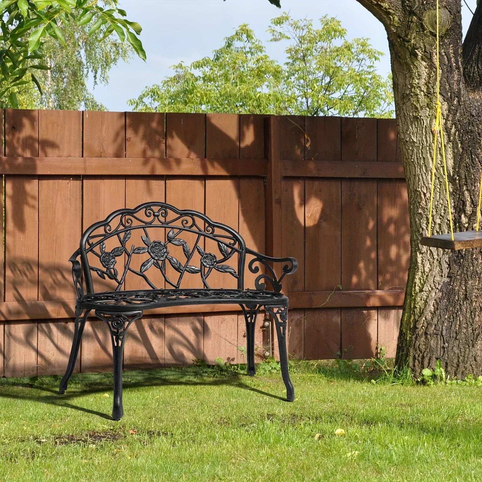 Outdoor Patio Bench - Heavy-Duty Cast Aluminum & Iron Construction, Elegant Floral design with Curved Legs - All-Weather Garden, Porch, or Entryway Furniture - Easy Assembly (No Tools Needed) - Black Bench for Modern/Traditio House Of Avana