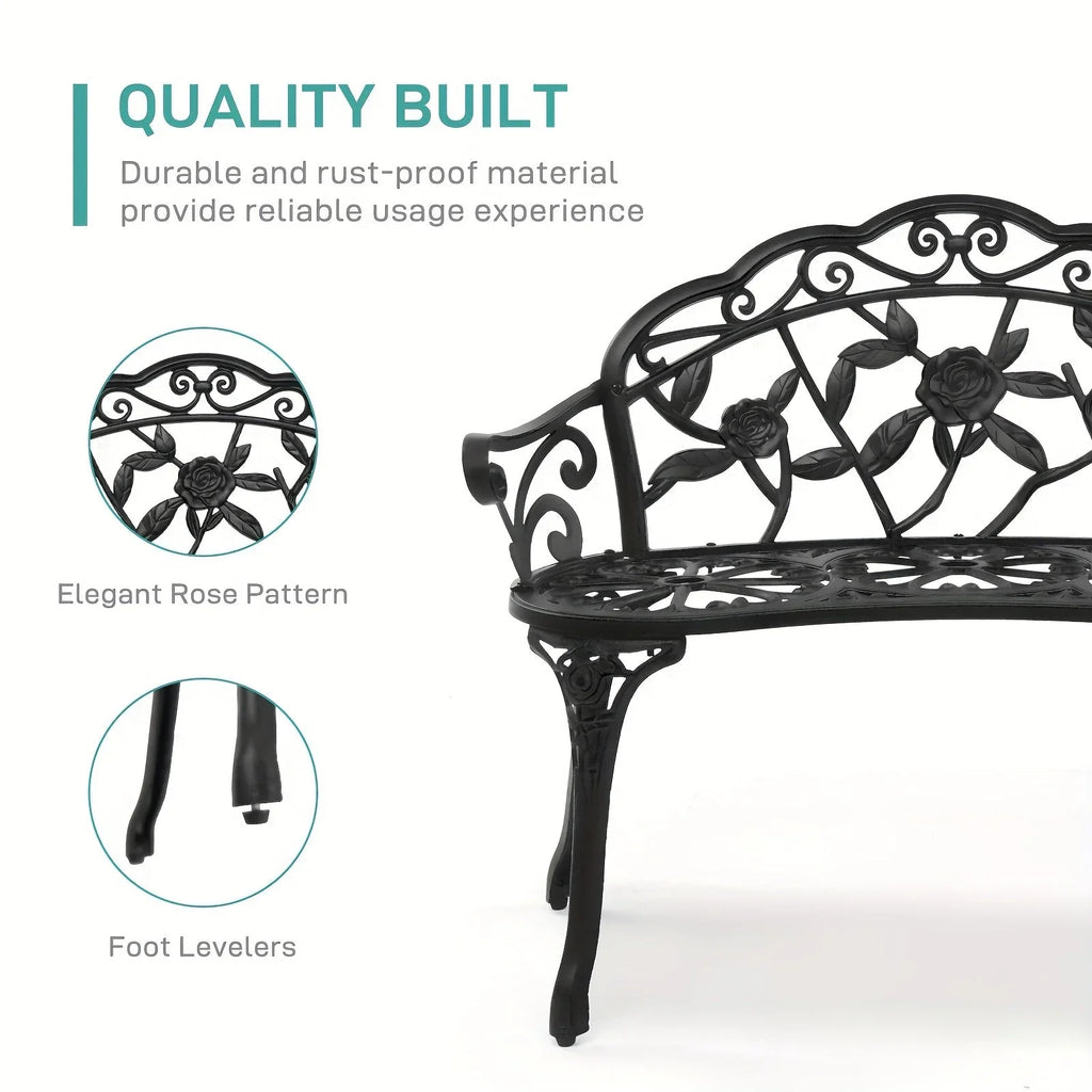 Outdoor Patio Bench - Heavy-Duty Cast Aluminum & Iron Construction, Elegant Floral design with Curved Legs - All-Weather Garden, Porch, or Entryway Furniture - Easy Assembly (No Tools Needed) - Black Bench for Modern/Traditio House Of Avana