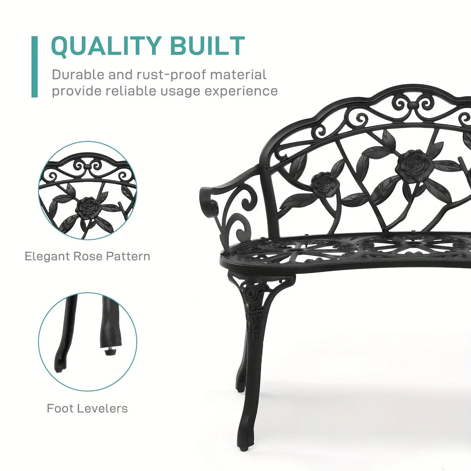 Outdoor Patio Bench - Heavy-Duty Cast Aluminum & Iron Construction, Elegant Floral design with Curved Legs - All-Weather Garden, Porch, or Entryway Furniture - Easy Assembly (No Tools Needed) - Black Bench for Modern/Traditio House Of Avana
