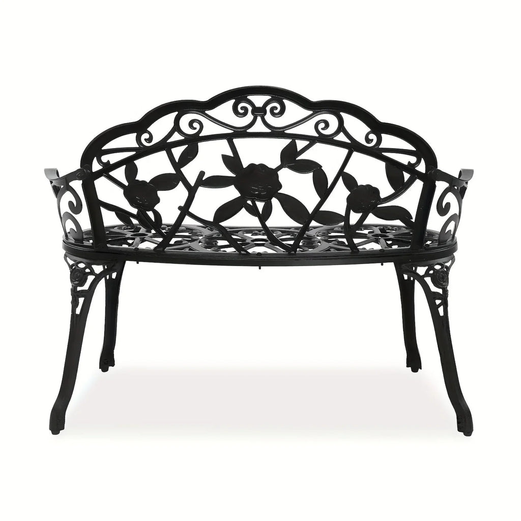 Outdoor Patio Bench - Heavy-Duty Cast Aluminum & Iron Construction, Elegant Floral design with Curved Legs - All-Weather Garden, Porch, or Entryway Furniture - Easy Assembly (No Tools Needed) - Black Bench for Modern/Traditio House Of Avana