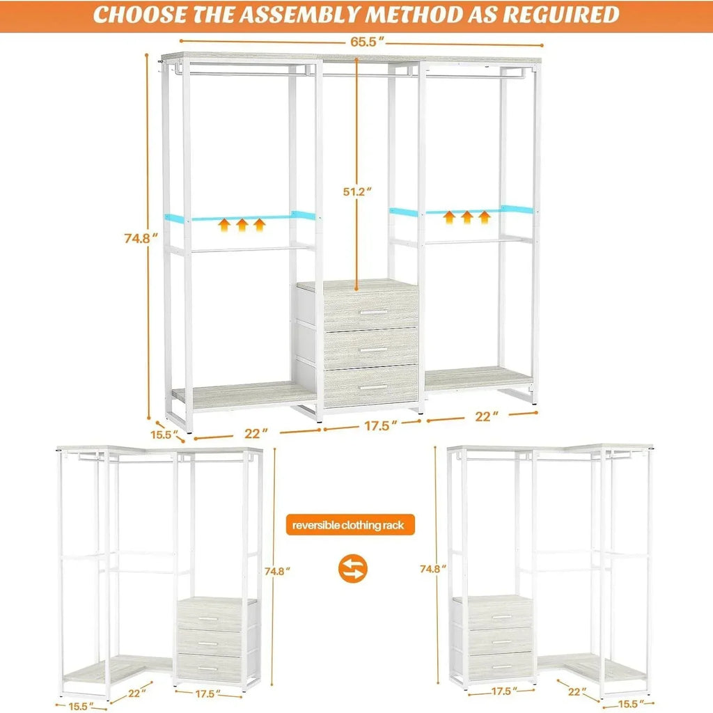 Heavy Duty White Metal Freestanding Garment Rack Closet Wardrobe with 3 Drawers
