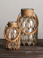 Natural fiber hemp rope wrapped glass vase, earthy tones - House of Avana