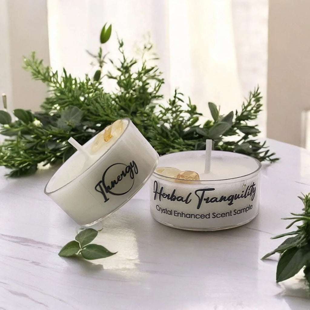 Herbal Tranquility, Premium Coconut-soy Wax Tea Light Crystal Candle, 1oz, front view - House Of Avana