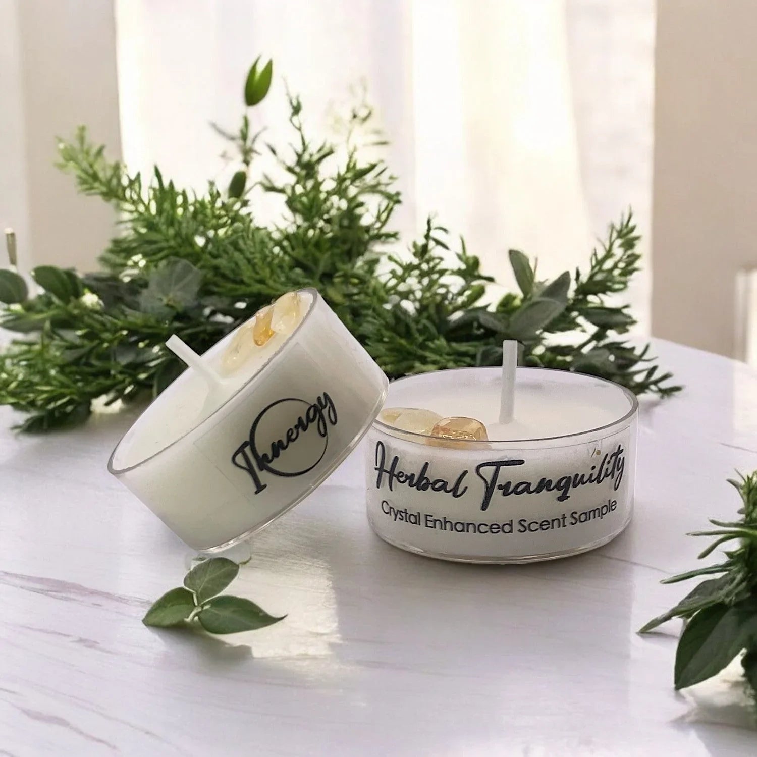 Herbal Tranquility, Premium Coconut-soy Wax Tea Light Crystal Candle, 1oz, front view - House Of Avana