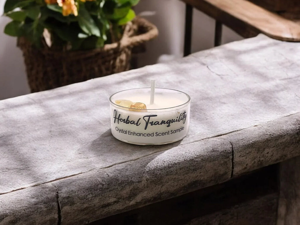Herbal Tranquility, Premium Coconut-soy Wax Tea Light Crystal Candle, 1oz, side view - House Of Avana