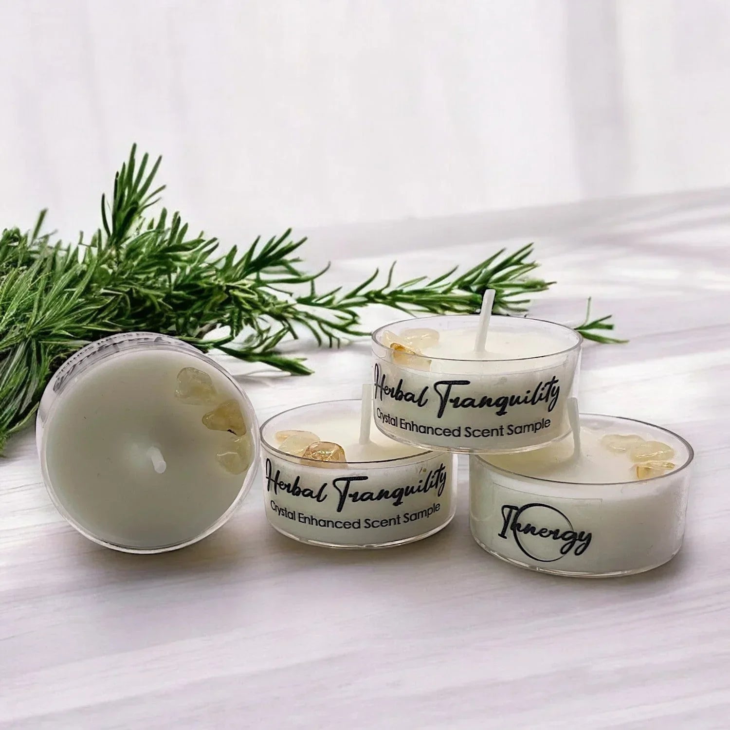 Herbal Tranquility, Premium Coconut-soy Wax Tea Light Crystal Candle, 1oz, detail shot - House Of Avana