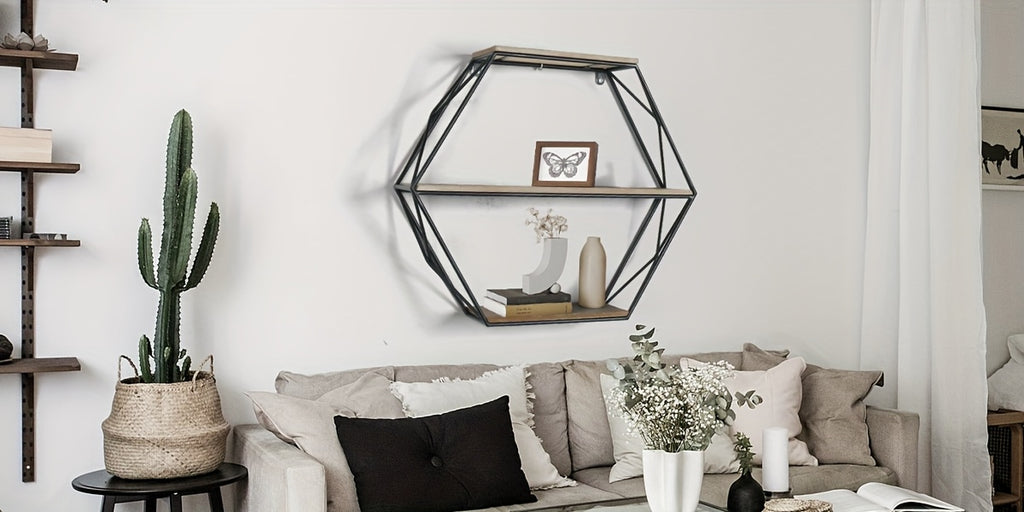 Hexagon Wall Shelves, Floating Shelves, Wall Mounted Shelves for Decor, Wood&Metal, Suitable for Living Room, Entryway, Hallway, Office, Floating Shelves House Of Avana
