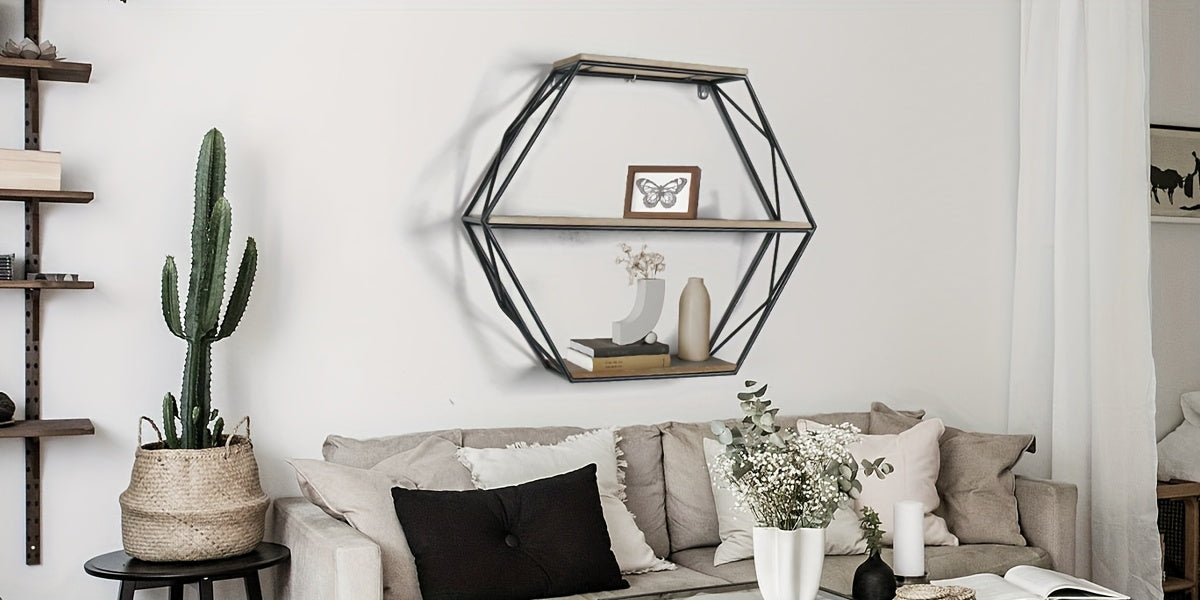 Hexagon Wall Shelves, Floating Shelves, Wall Mounted Shelves for Decor, Wood&Metal, Suitable for Living Room, Entryway, Hallway, Office, Floating Shelves House Of Avana