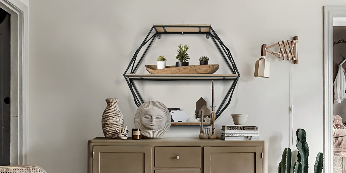 Hexagon Wall Shelves, Floating Shelves, Wall Mounted Shelves for Decor, Wood&Metal, Suitable for Living Room, Entryway, Hallway, Office, Floating Shelves House Of Avana