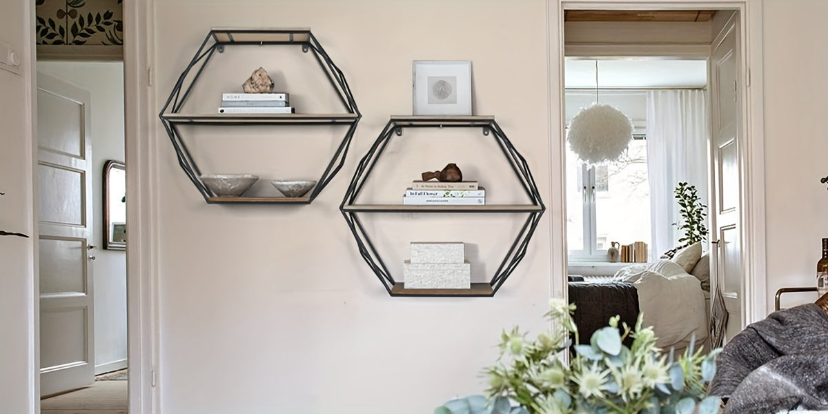 Hexagon Wall Shelves, Floating Shelves, Wall Mounted Shelves for Decor, Wood&Metal, Suitable for Living Room, Entryway, Hallway, Office, Floating Shelves House Of Avana