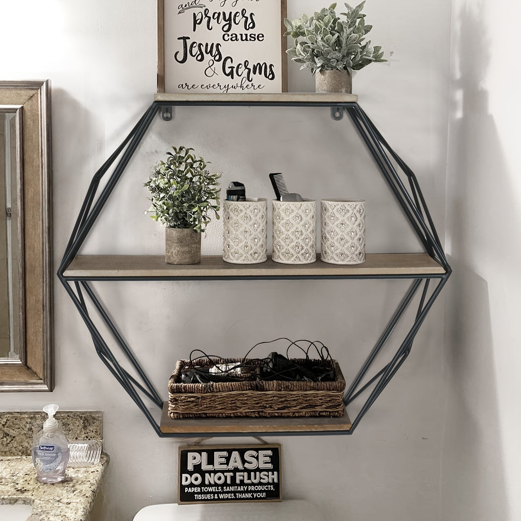 Hexagon Wall Shelves, Floating Shelves, Wall Mounted Shelves for Decor, Wood&Metal, Suitable for Living Room, Entryway, Hallway, Office, Floating Shelves House Of Avana