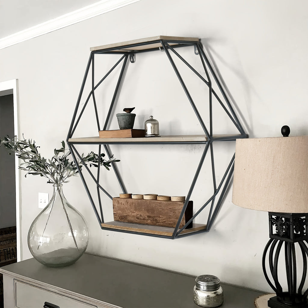 Hexagon Wall Shelves, Floating Shelves, Wall Mounted Shelves for Decor, Wood&Metal, Suitable for Living Room, Entryway, Hallway, Office, Floating Shelves House Of Avana