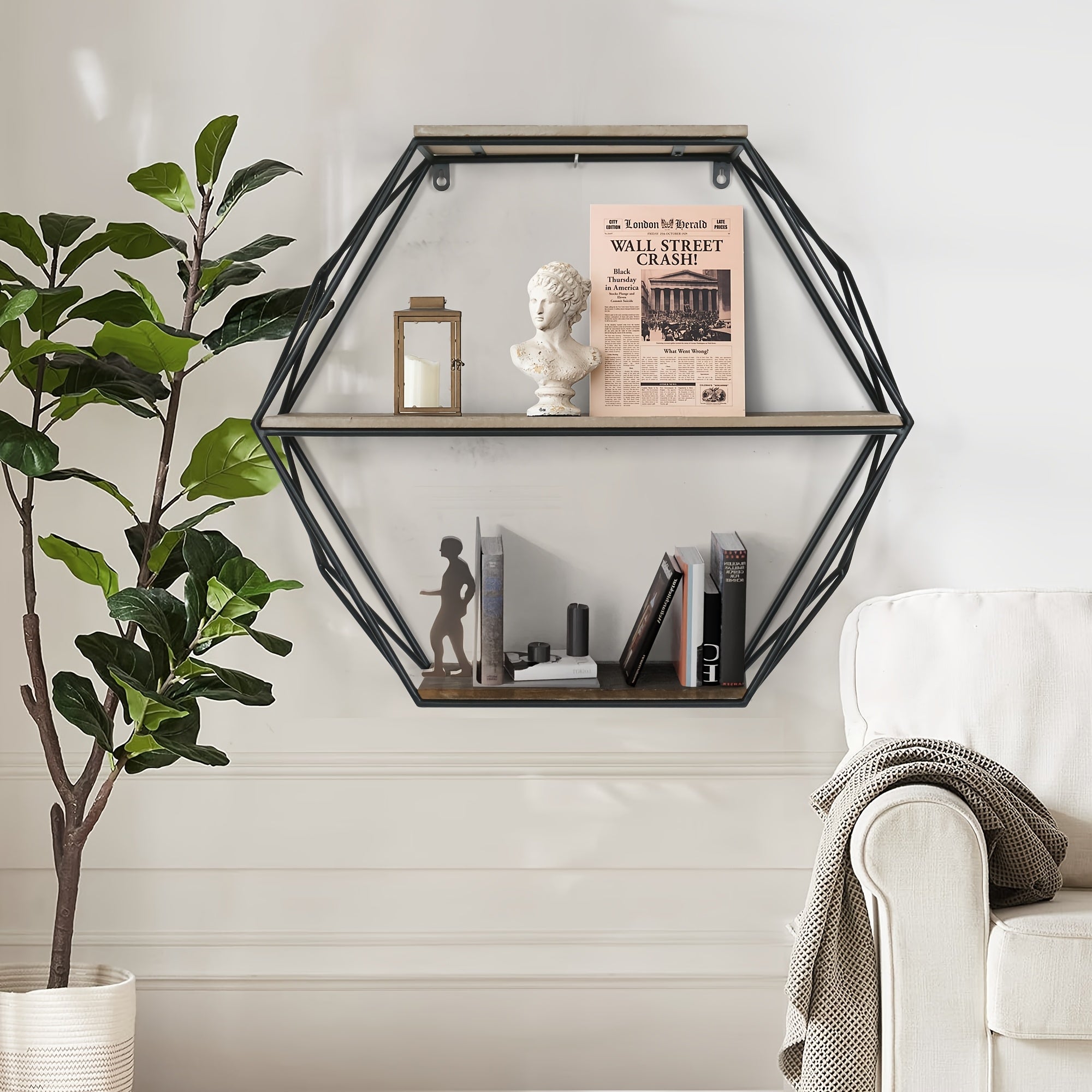 Hexagon Wall Shelves, Floating Shelves, Wall Mounted Shelves for Decor, Wood&Metal, Suitable for Living Room, Entryway, Hallway, Office, Floating Shelves House Of Avana