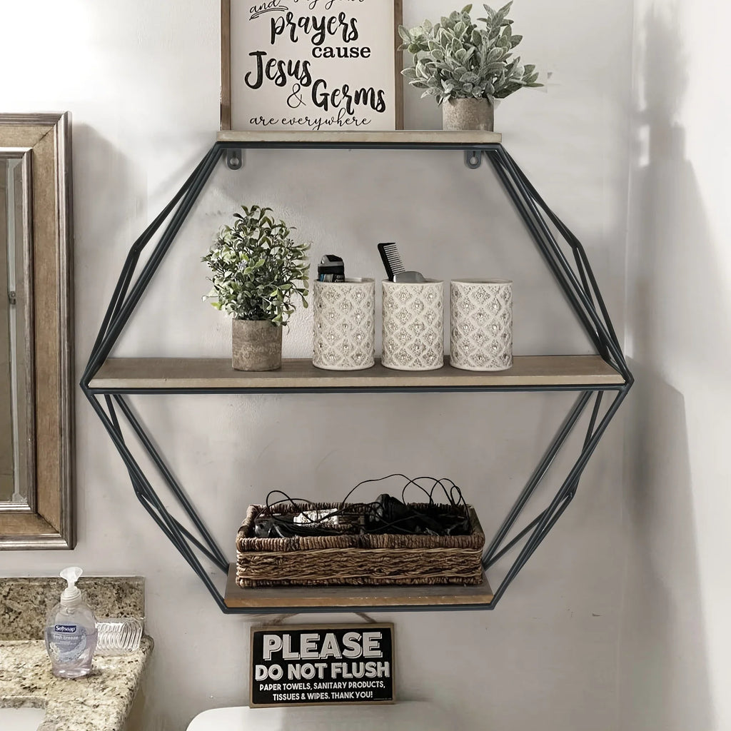 Wood and metal hexagon shelves, wall mounted, floating design - House of Avana