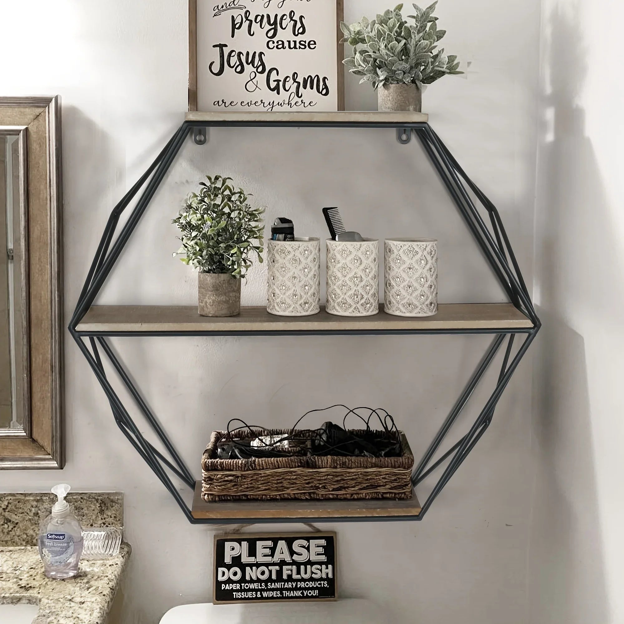 Wood and metal hexagon shelves, wall mounted, floating design - House of Avana