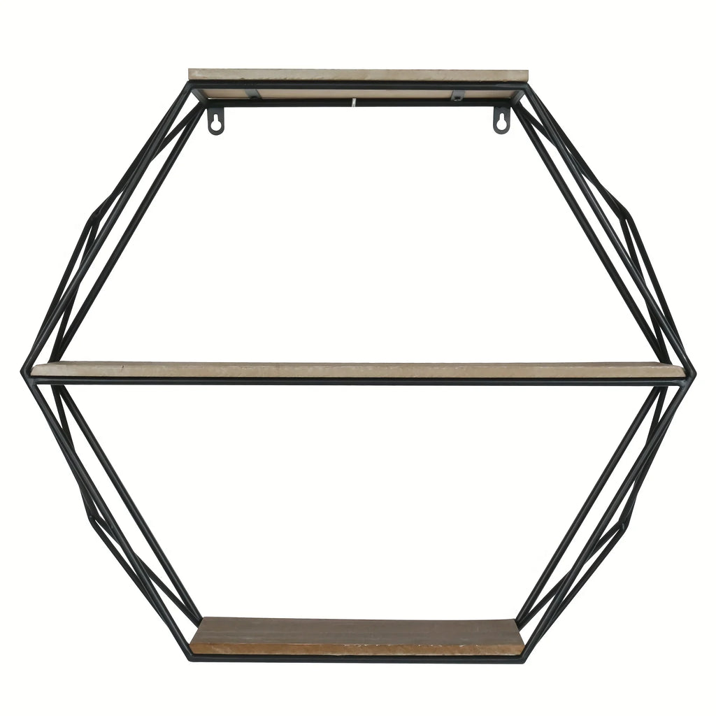 Wood and metal hexagon shelves, wall mounted, floating design - House of Avana