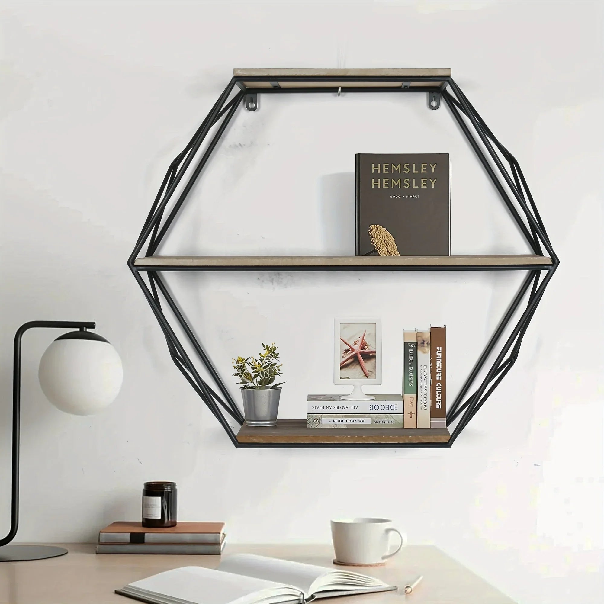 Wood and metal hexagon shelves, wall mounted, floating design - House of Avana