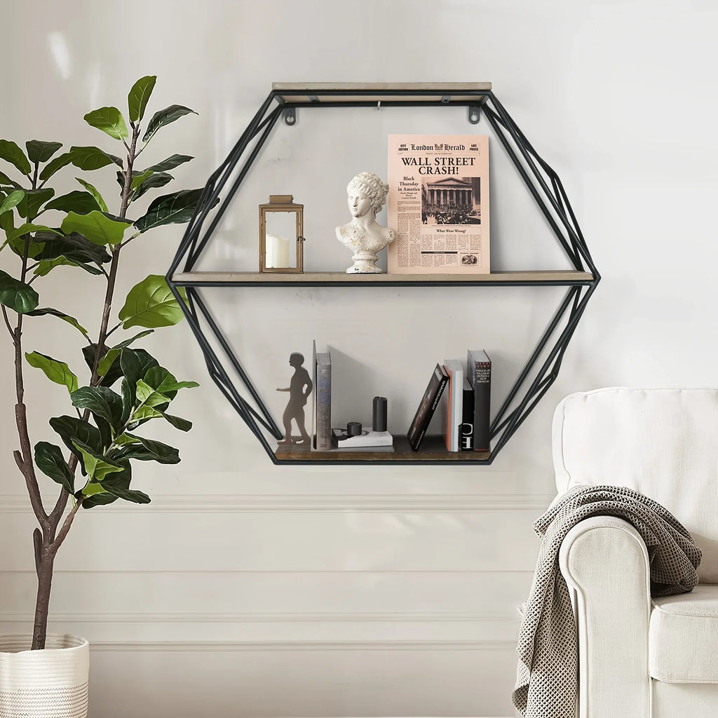 Wood and metal hexagon shelves, wall mounted, floating design - House of Avana