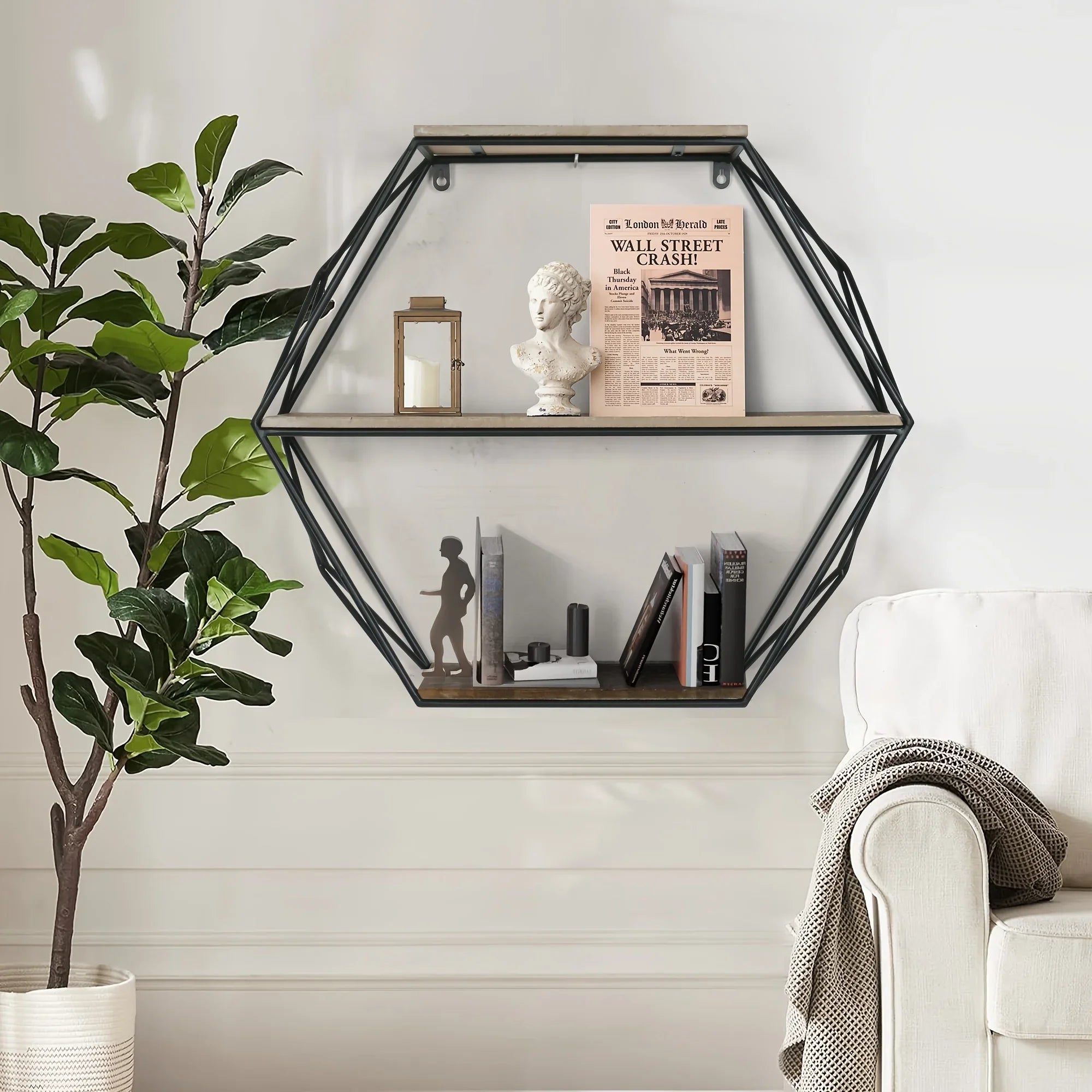 Wood and metal hexagon shelves, wall mounted, floating design - House of Avana
