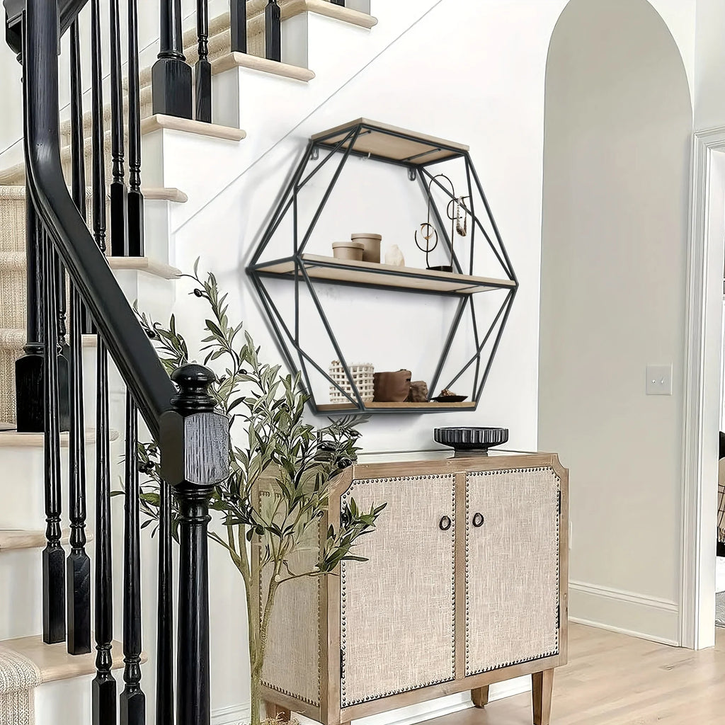 Wood and metal hexagon shelves, wall mounted, floating design - House of Avana
