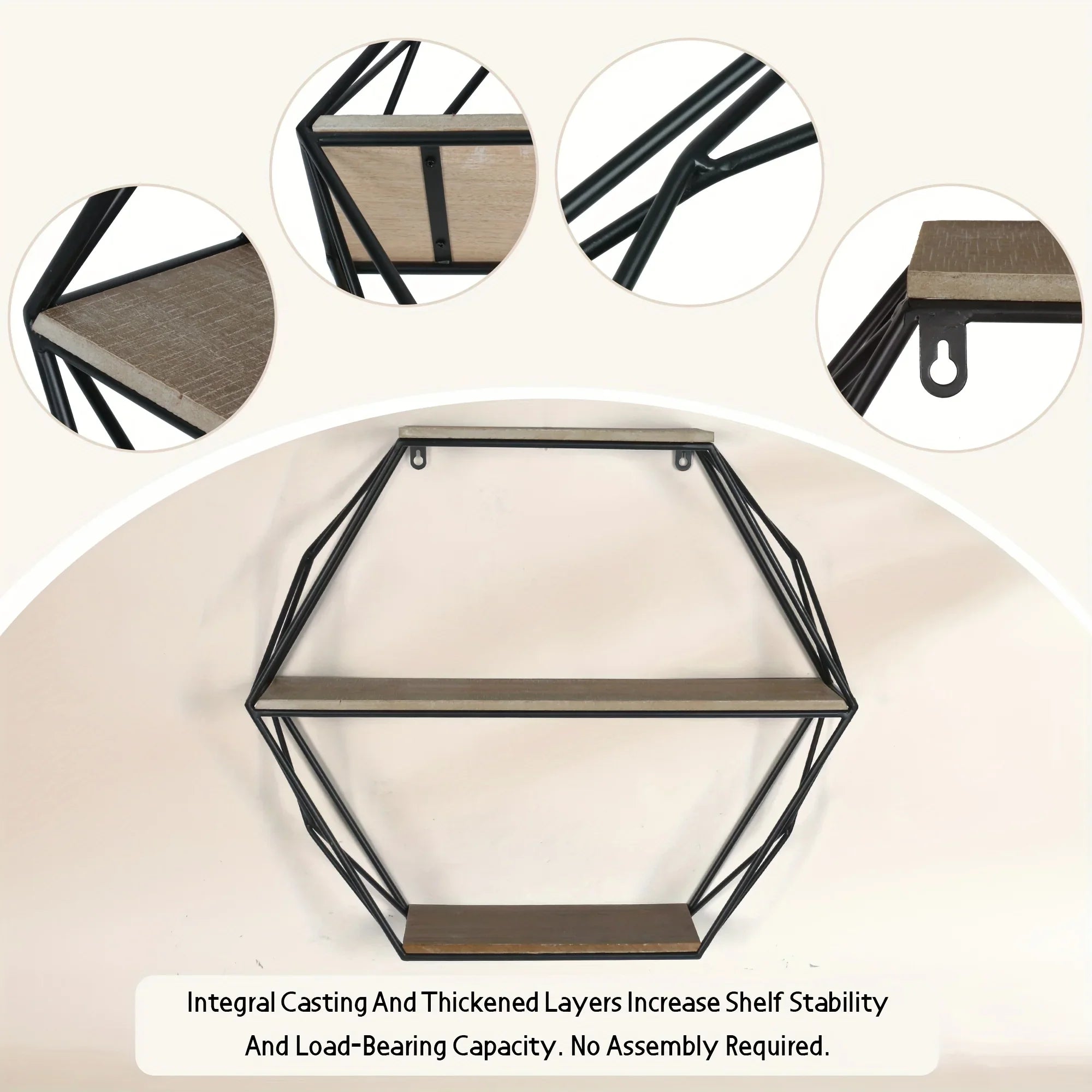 Wood and metal hexagon shelves, wall mounted, floating design - House of Avana