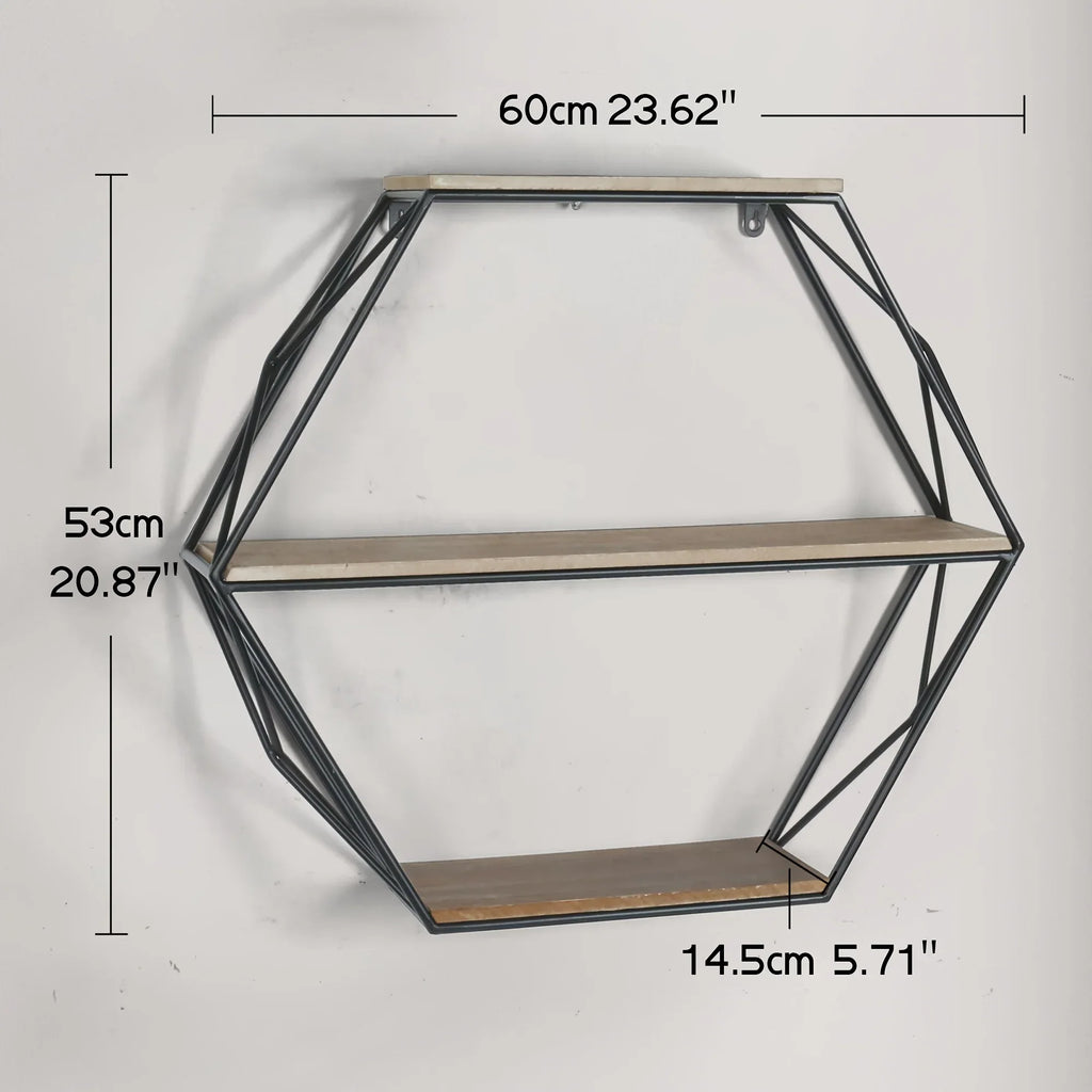 Wood and metal hexagon shelves, wall mounted, floating design - House of Avana