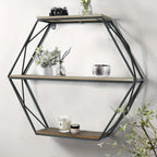 Wood and metal hexagon shelves, wall mounted, floating design - House of Avana