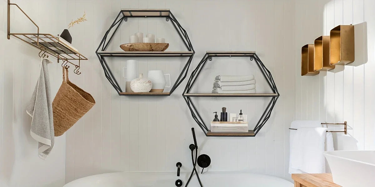 Wood and metal hexagon shelves, wall mounted, floating design - House of Avana