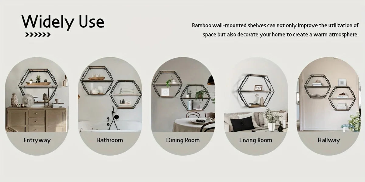 Wood and metal hexagon shelves, wall mounted, floating design - House of Avana