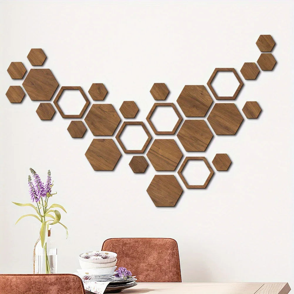 Brown wooden 3D hexagon wall panels, reusable and peel & stick - House of Avana