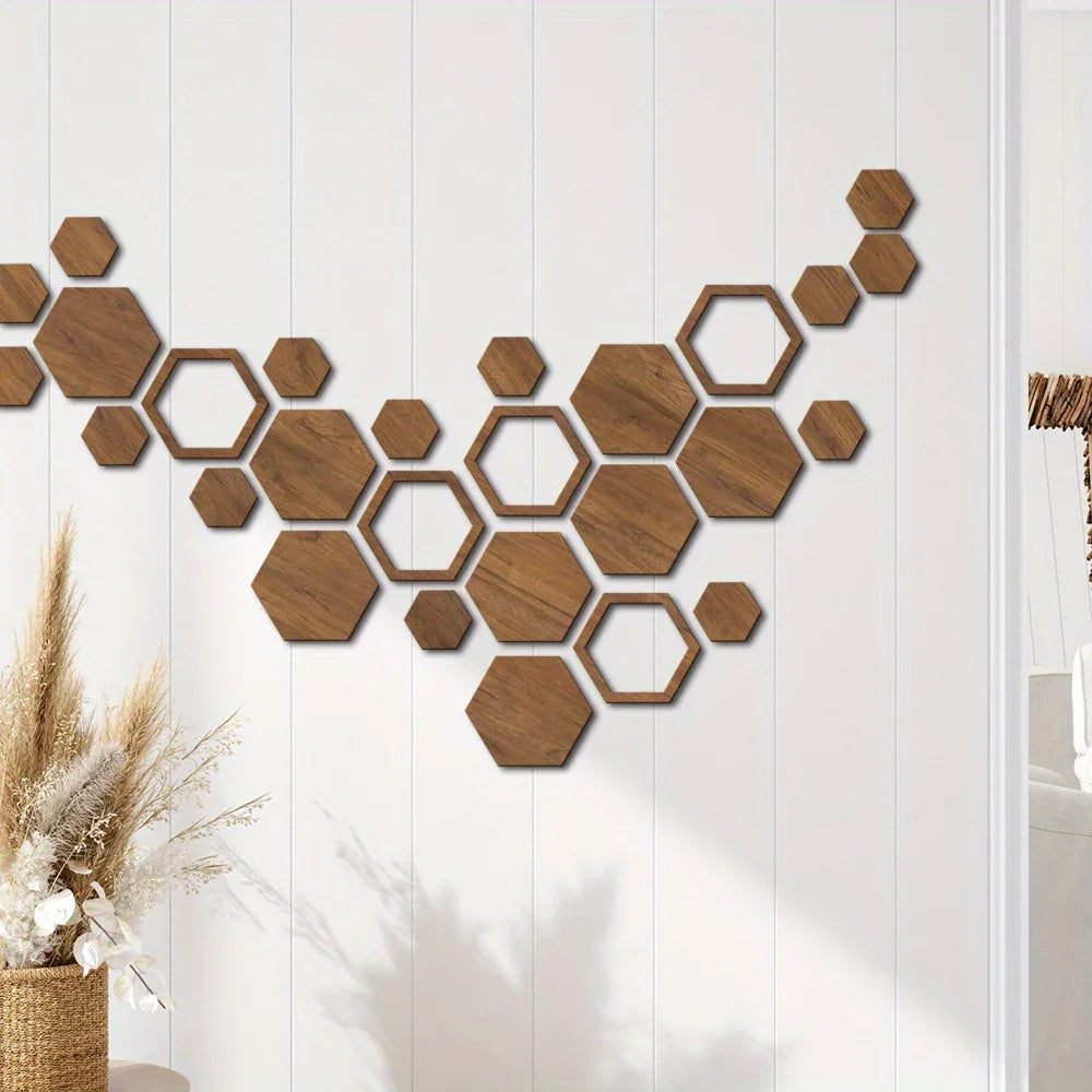 Brown wooden 3D hexagon wall panels, reusable and peel & stick - House of Avana