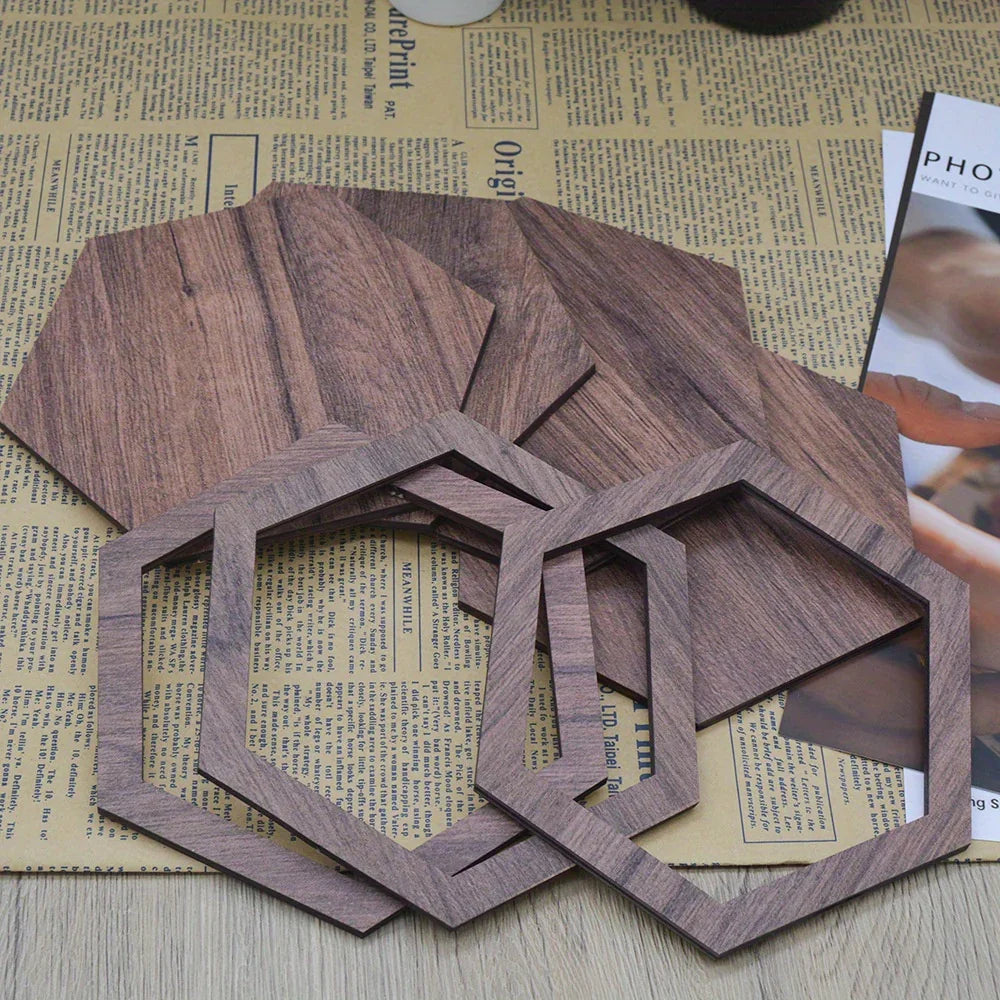 Brown wooden 3D hexagon wall panels, reusable and peel & stick - House of Avana