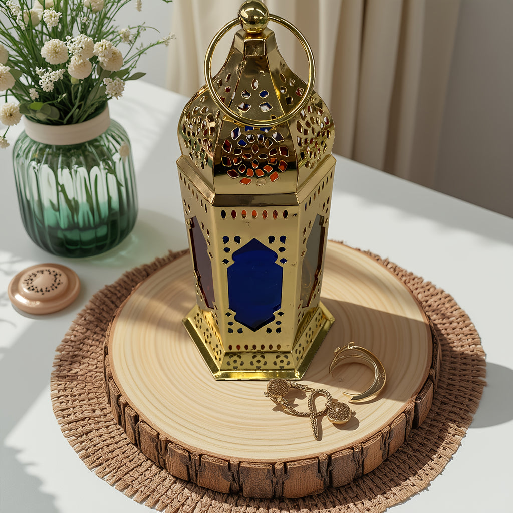 1pc of Hollow Iron Candle Holder Lantern, European Creative Hexagonal Frame Hanging Colorful Lantern, Middle Eastern Ramadan Home And Kitchen Festive Decoration Ornament. House Of Avana