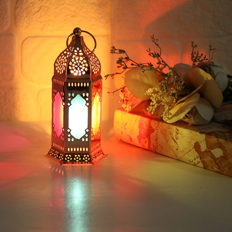 1pc of Hollow Iron Candle Holder Lantern, European Creative Hexagonal Frame Hanging Colorful Lantern, Middle Eastern Ramadan Home And Kitchen Festive Decoration Ornament. House Of Avana
