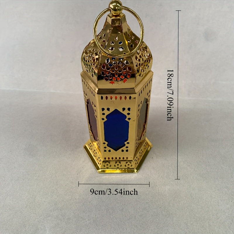1pc of Hollow Iron Candle Holder Lantern, European Creative Hexagonal Frame Hanging Colorful Lantern, Middle Eastern Ramadan Home And Kitchen Festive Decoration Ornament. House Of Avana