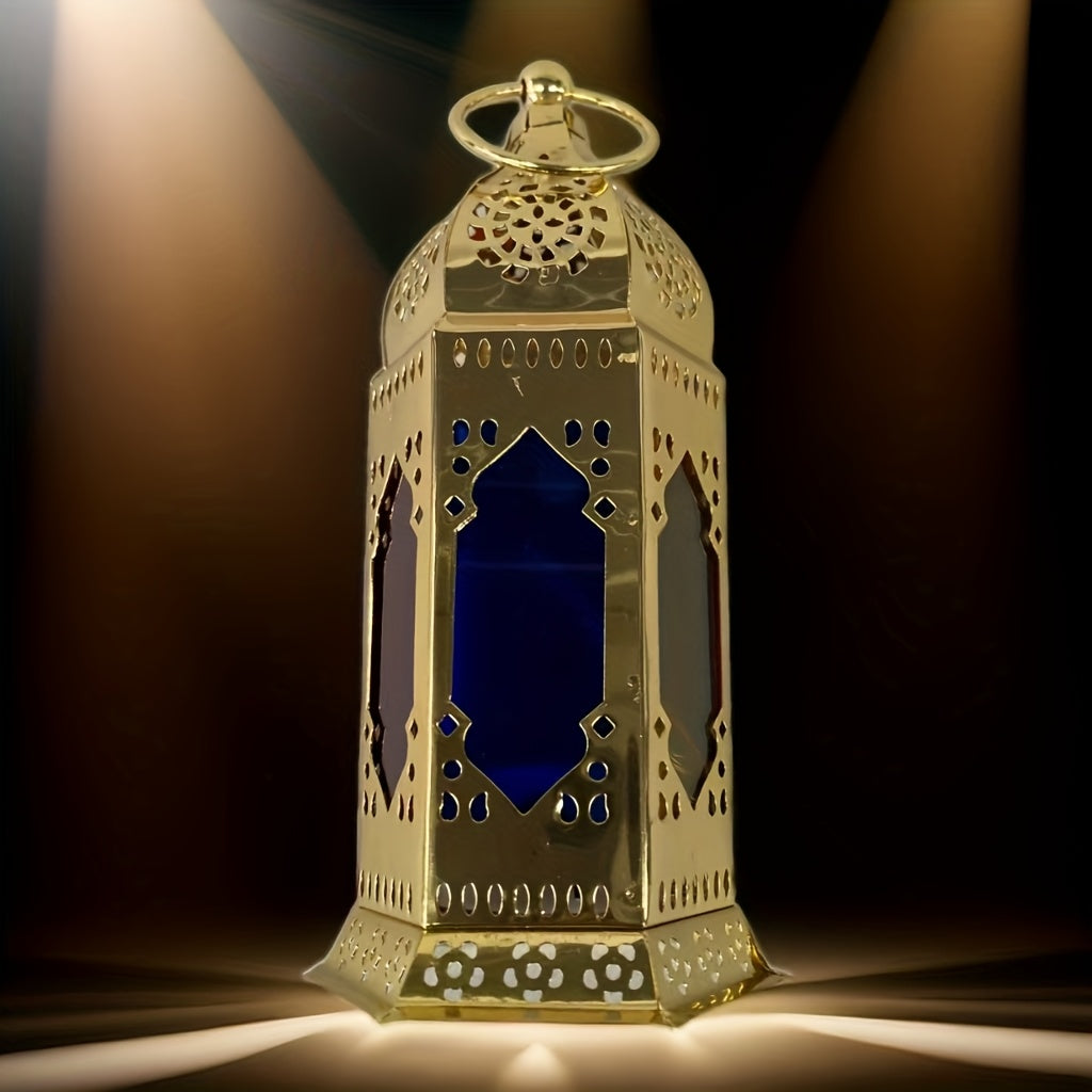 1pc of Hollow Iron Candle Holder Lantern, European Creative Hexagonal Frame Hanging Colorful Lantern, Middle Eastern Ramadan Home And Kitchen Festive Decoration Ornament. House Of Avana