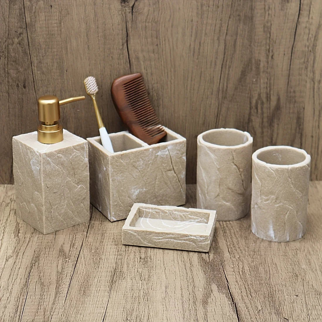 High-End Resin Bathroom Set with Empty Bottles for Hand Soap, Shampoo, and Various Lotions - Includes Toothbrush Holder, Mouthwash Cup, Soap Dish - Practical and Stylish Design, a Great Bathroom Kit, Bathroom Storage Cabinet, House Of Avana