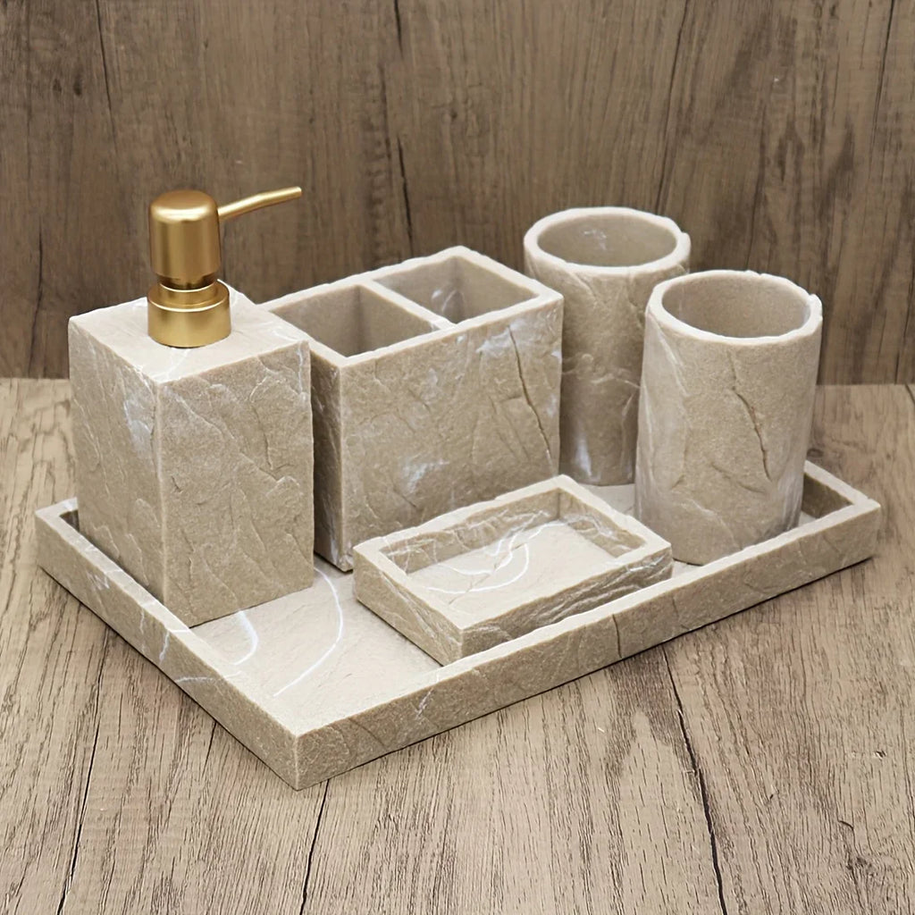 High-End Resin Bathroom Set with Empty Bottles for Hand Soap, Shampoo, and Various Lotions - Includes Toothbrush Holder, Mouthwash Cup, Soap Dish - Practical and Stylish Design, a Great Bathroom Kit, Bathroom Storage Cabinet, House Of Avana