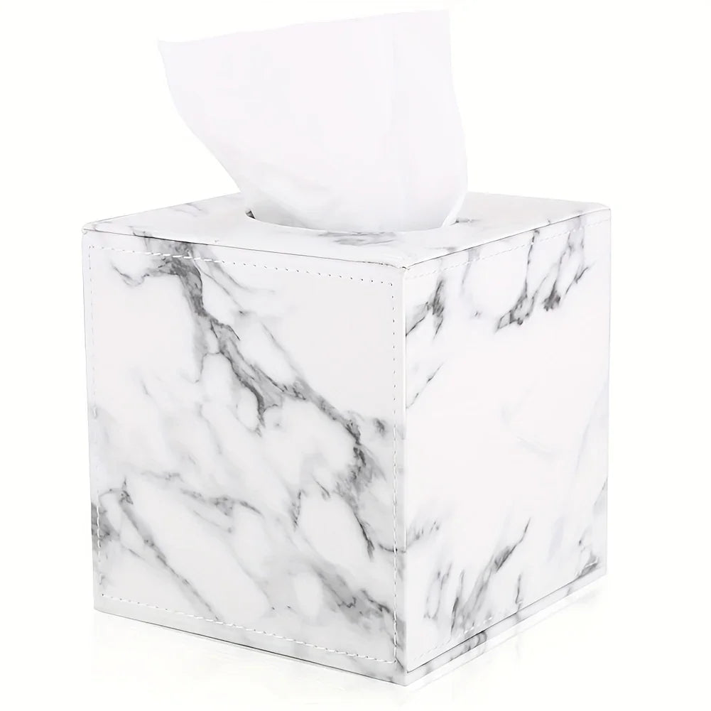 Tissue Box Holder - Elegant Marble Leather, angled view - House Of Avana