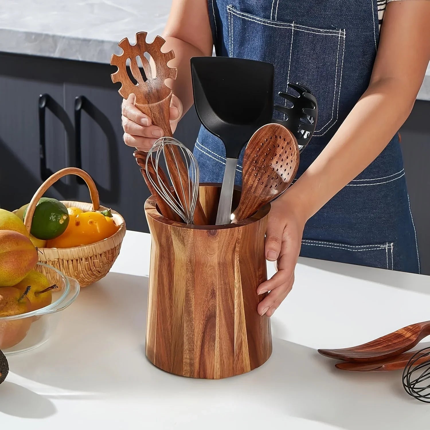 Acacia Wood Utensil Holder - House Of Avana