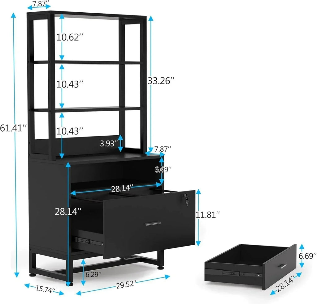 Home Office Lockable 2 Drawer Filing Cabinet Bookshelf in Black Wood Finish