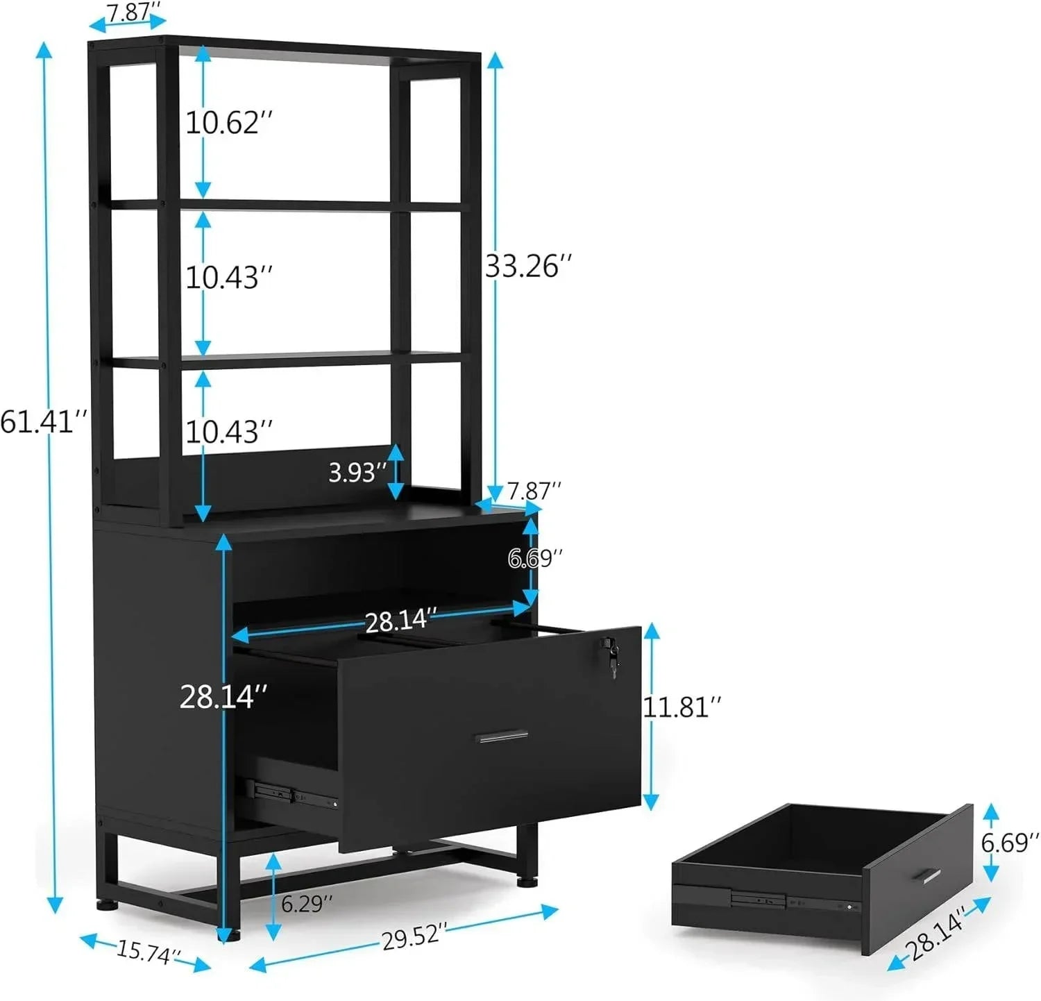 Home Office Lockable 2 Drawer Filing Cabinet Bookshelf in Black Wood Finish